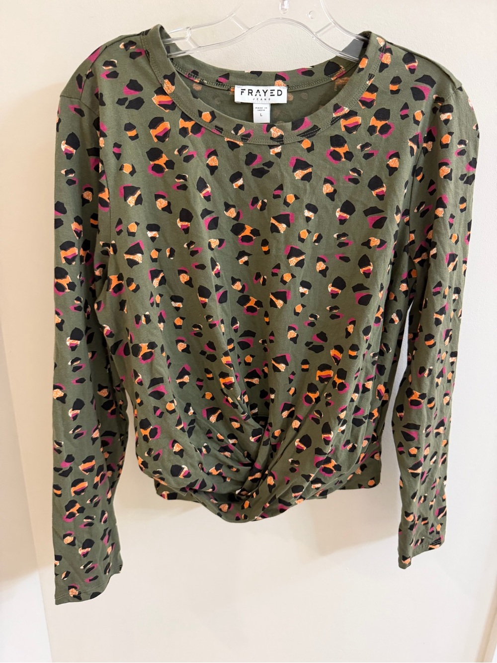 Frayed Olive Leopard Print Long Sleeve Twist Front Top, size L